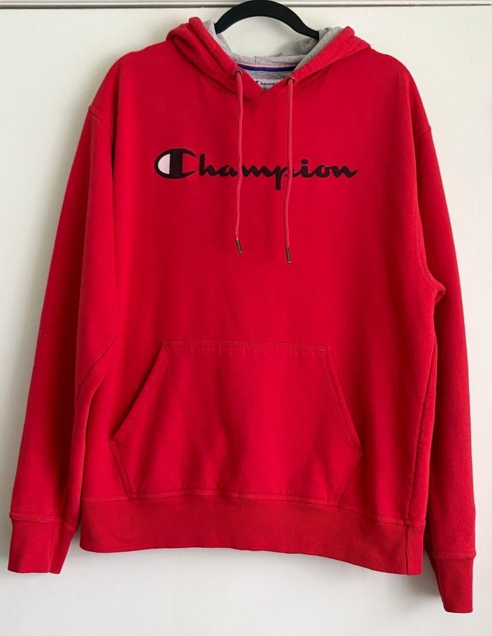 Champion Red Script Logo Pullover Hoodie Fleece Sweatshirt Men's Medium L